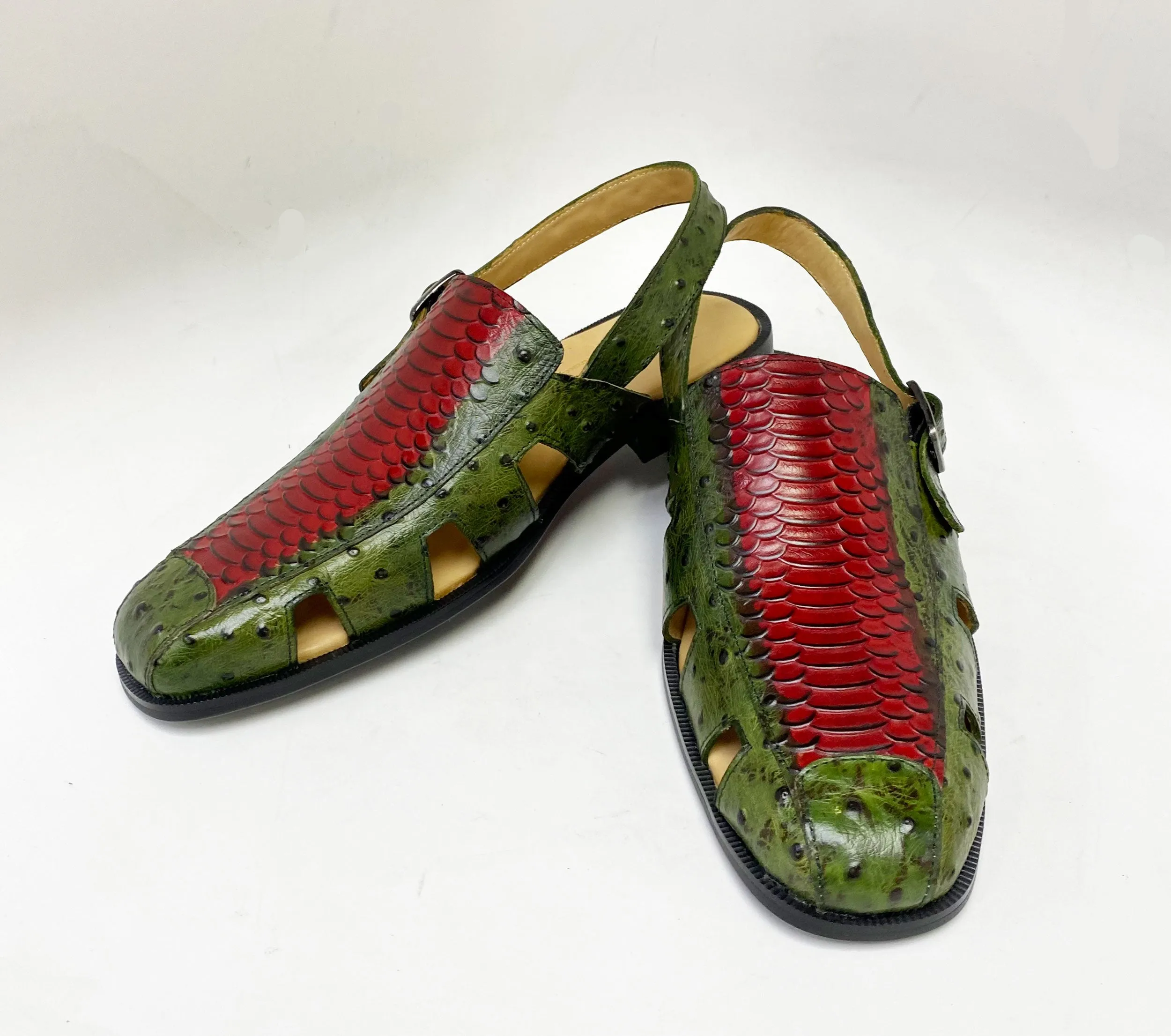 Maurice Embossed Calfskin Slip-On Back-Strap Sandal Green/Red Durable outsole