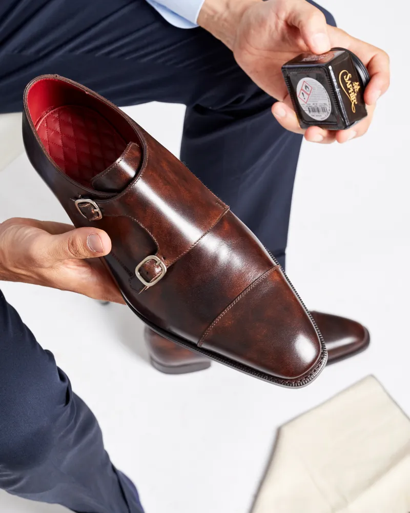 Museum Brown Leather Double Monk Strap Dress Shoe Strong Walk