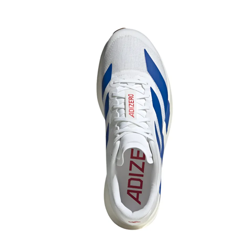 running in a beach area shoes routine Adidas Men's Adizero Evo SL Running Shoes in FTW White/Royal Blue/Purple Rub AW25