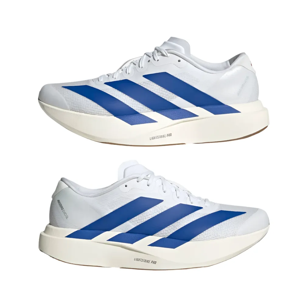 Adidas Men's Adizero Evo SL Running Shoes in FTW White/Royal Blue/Purple Rub AW25 pronated foot shoe correction