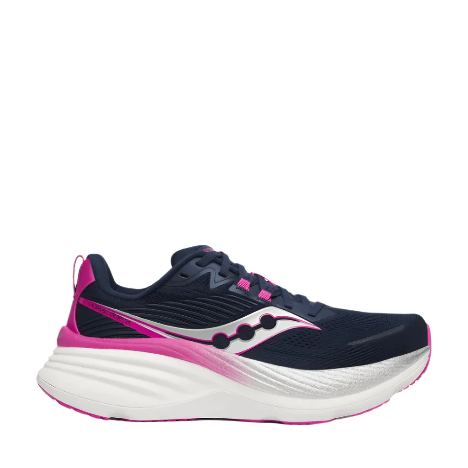 Saucony Women's Hurricane 24 Running Shoes in Navy/Fuchsia SS25 shoe laces reflective shoes