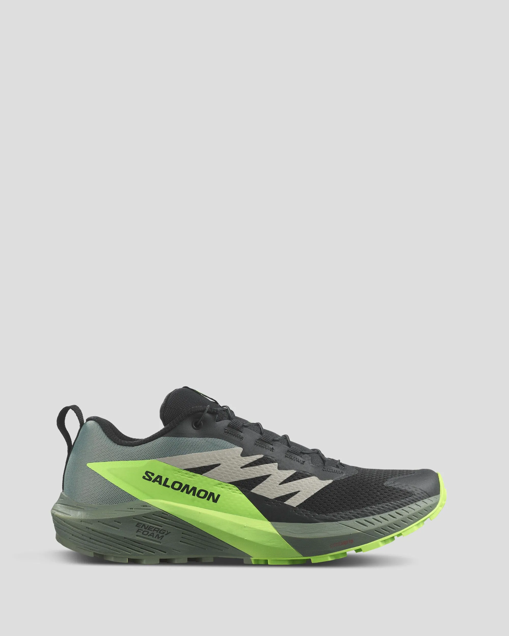 Pivot Ready Dynamic Motion Men's Salomon Sense Ride 5 Trail Running Shoes - Black/Laurel Wreath/Green Gecko