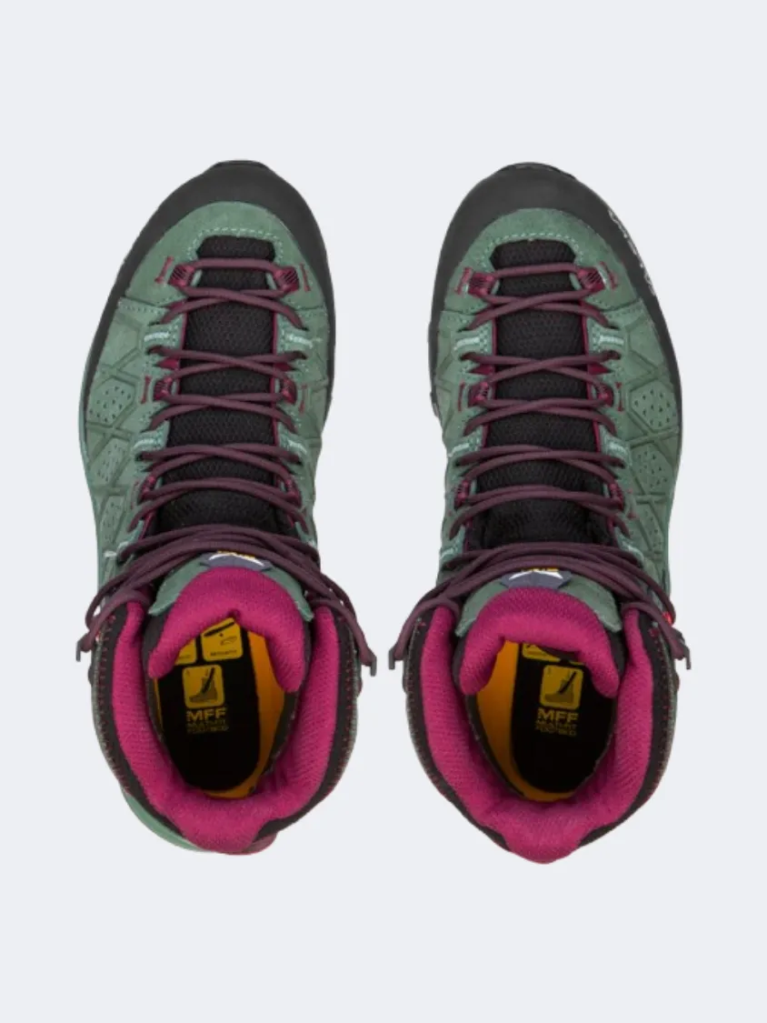 Salewa Alp Trainer 2 Mid Goretex Women Hiking Boots Green Duck/Rhododen Hill Route Performance Trekking