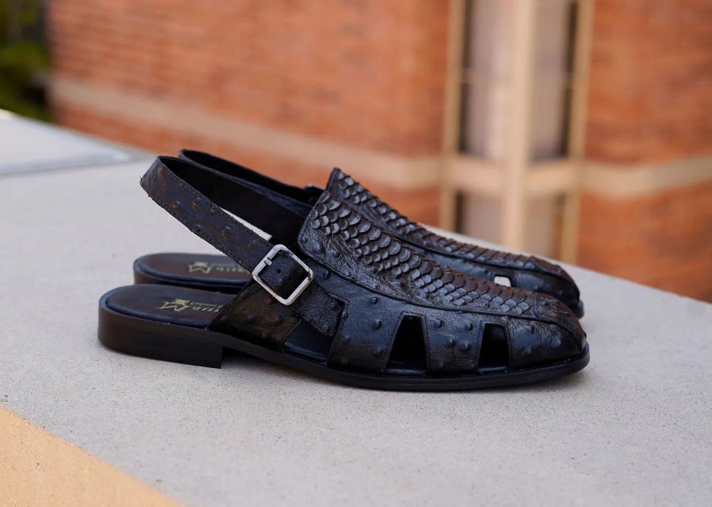 Maurice Embossed Calfskin Slip-On Back-Strap Sandal Black Comfort Shank Street Mood