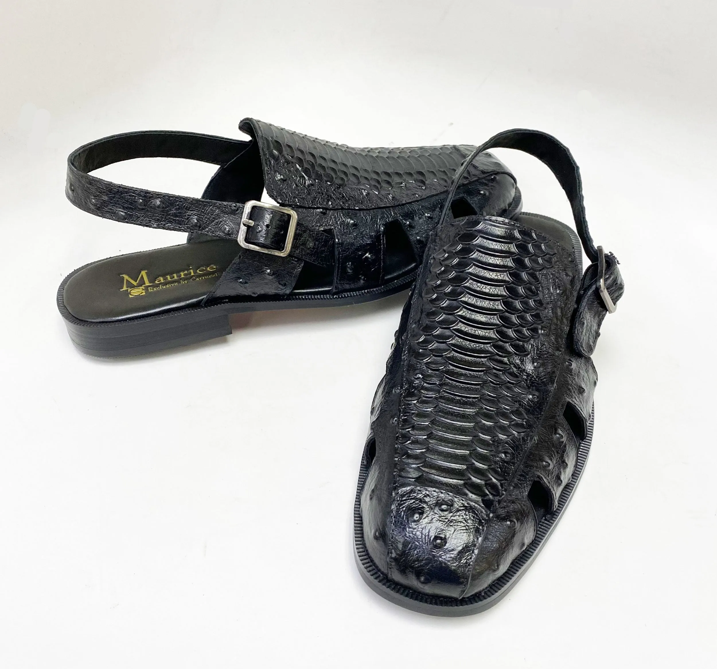 Maurice Embossed Calfskin Slip-On Back-Strap Sandal Black Lightweight