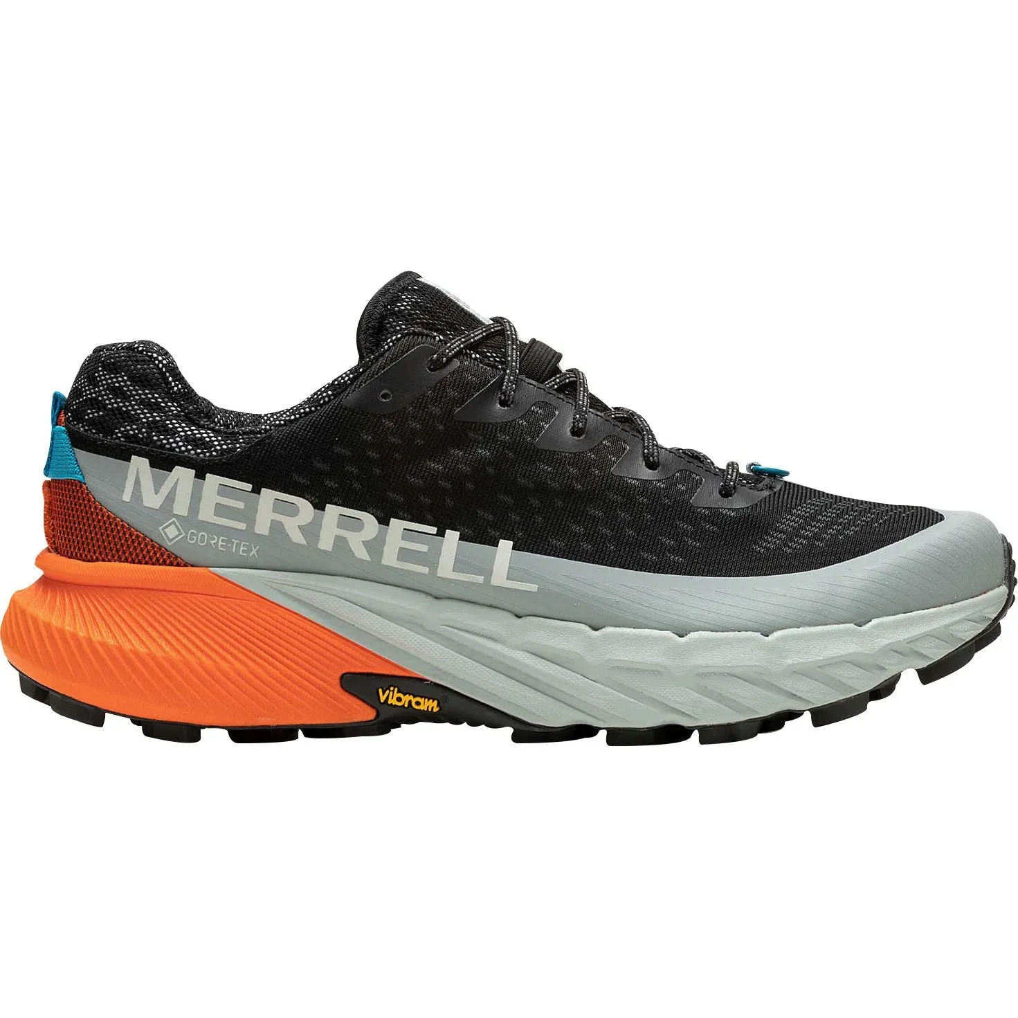 Interior fit hugs the foot with balanced pressure Tread Safe Merrell Agility Peak 5 GORE-TEX Mens Trail Running Shoes - Black