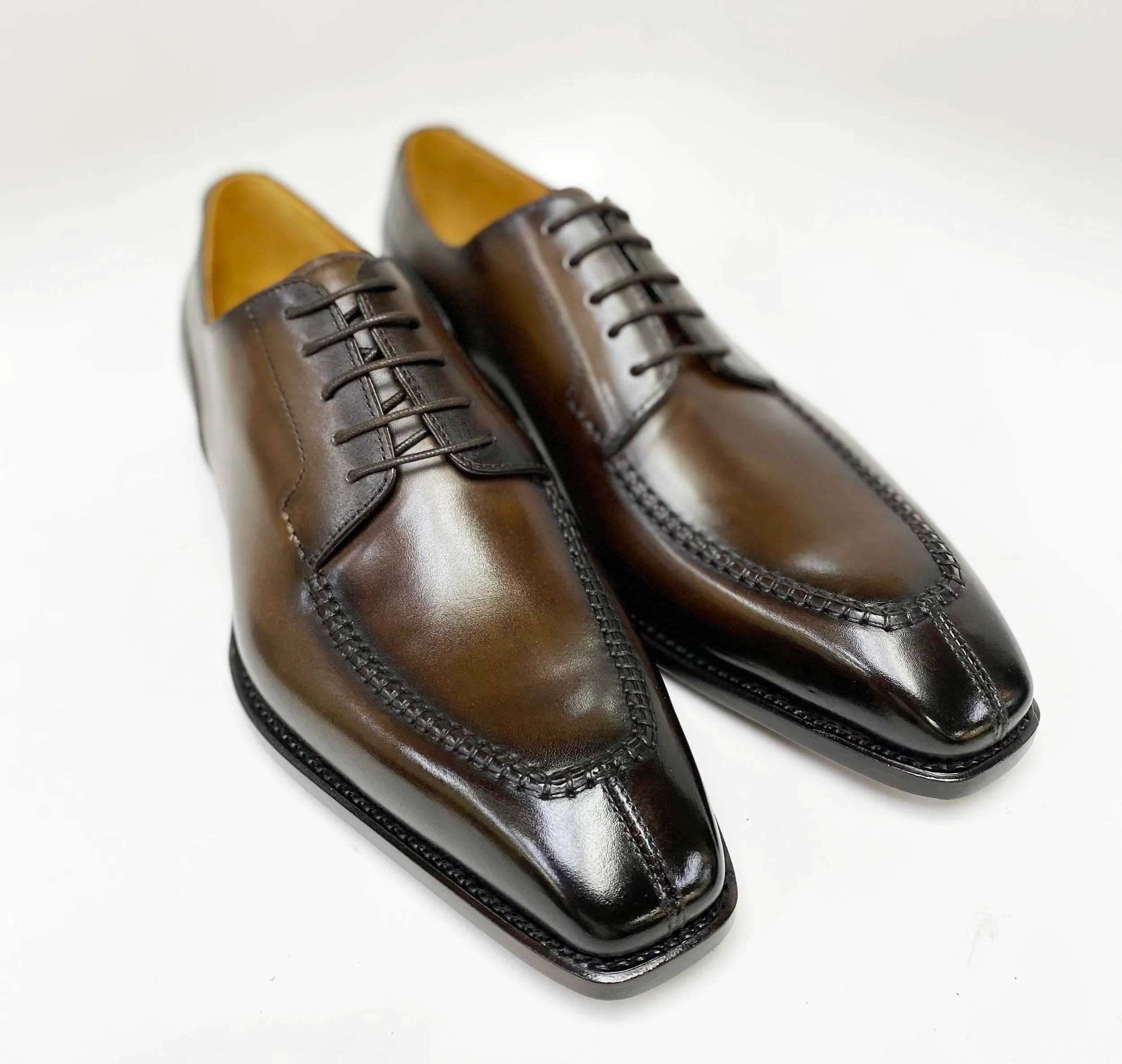Cushioned Insole "Norman" Burnished Calfskin Lace-Up Split-Toe Oxford Brown