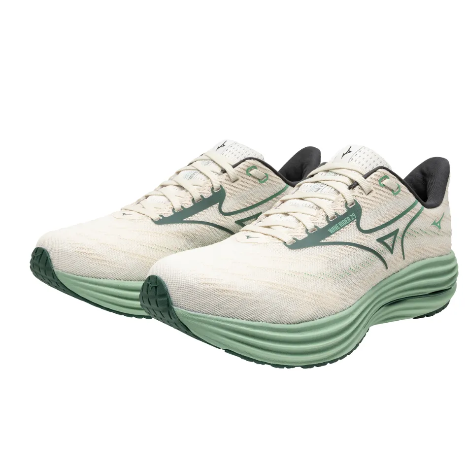 Mizuno Men's Wave Rider 29 Running Shoes in Snow White/Bistro Green/Cr??me De Menthe AW25 running with a reflector