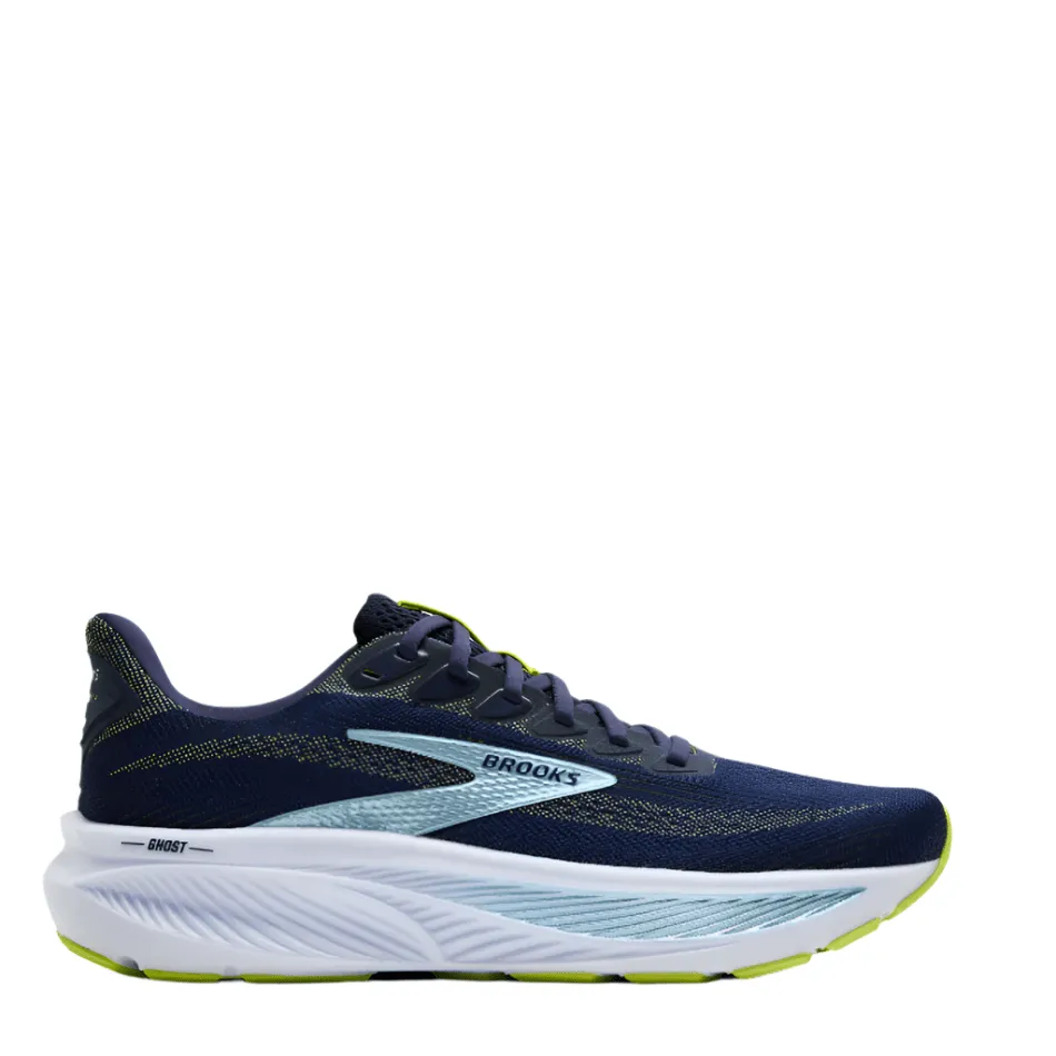 green shoes Brooks Men's Ghost 17 Running Shoes in Peacoat/Lime/Blue AW25