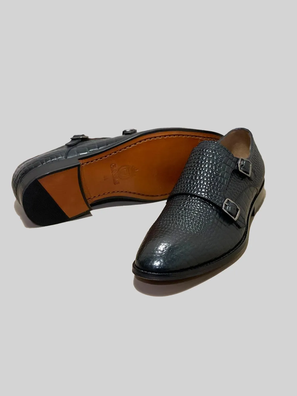 Casual Style Stand Firm CROC EMBOSSED DOUBLE MONK - BLACK