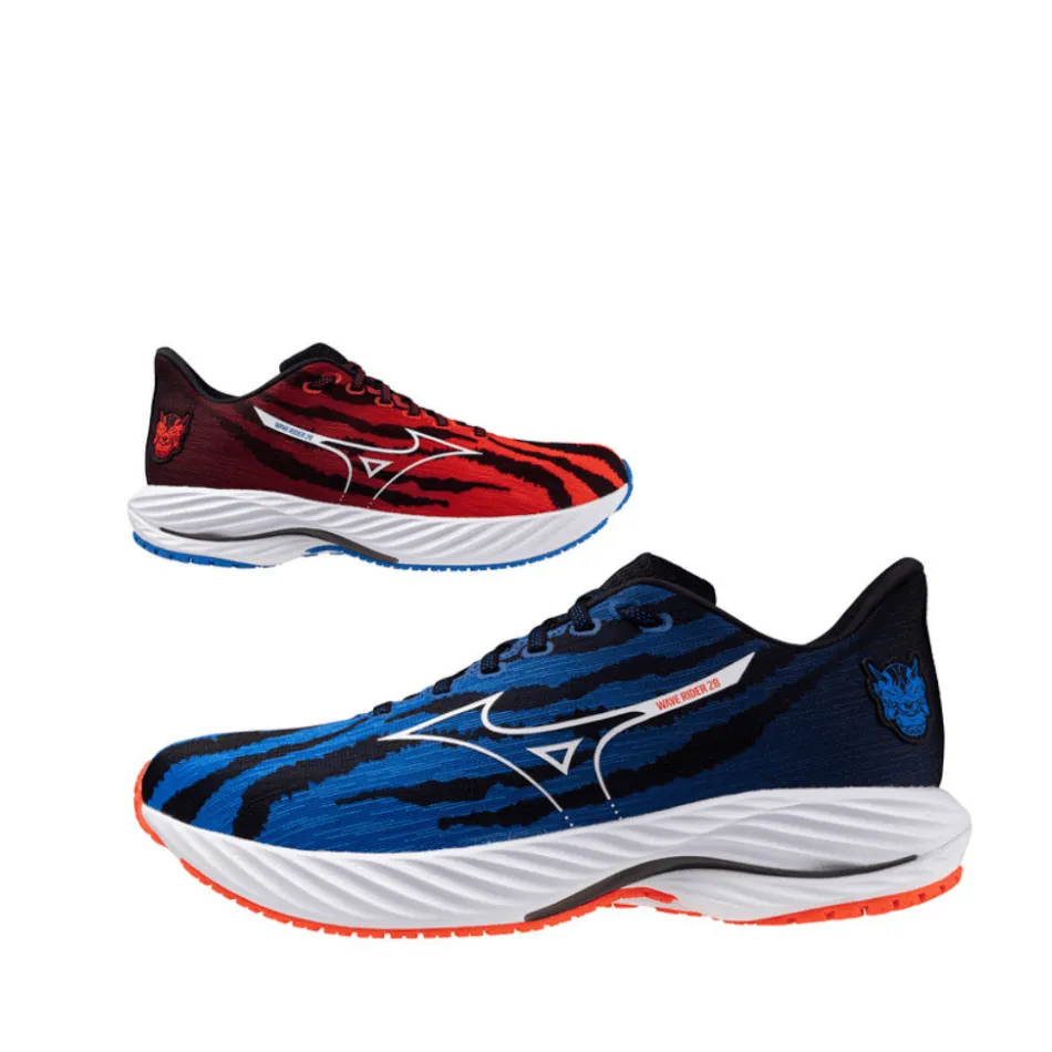 AntiSlipTraction Mizuno Unisex Wave Rider 28 Running Shoes in Oni Demon Mizuno Ignition Red/White/Baseball Blue SS25