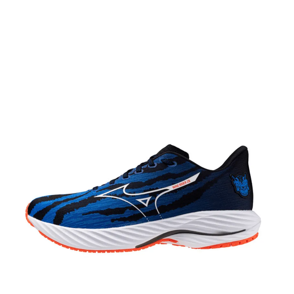 Mizuno Unisex Wave Rider 28 Running Shoes in Oni Demon Mizuno Ignition Red/White/Baseball Blue SS25 running with a wide toe box