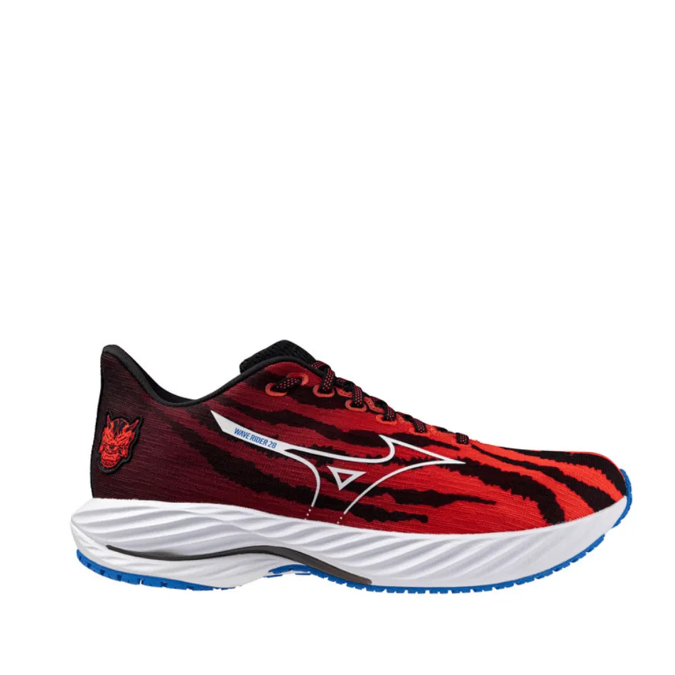 Mizuno Unisex Wave Rider 28 Running Shoes in Oni Demon Mizuno Ignition Red/White/Baseball Blue SS25 running in a tennis court area shoes
